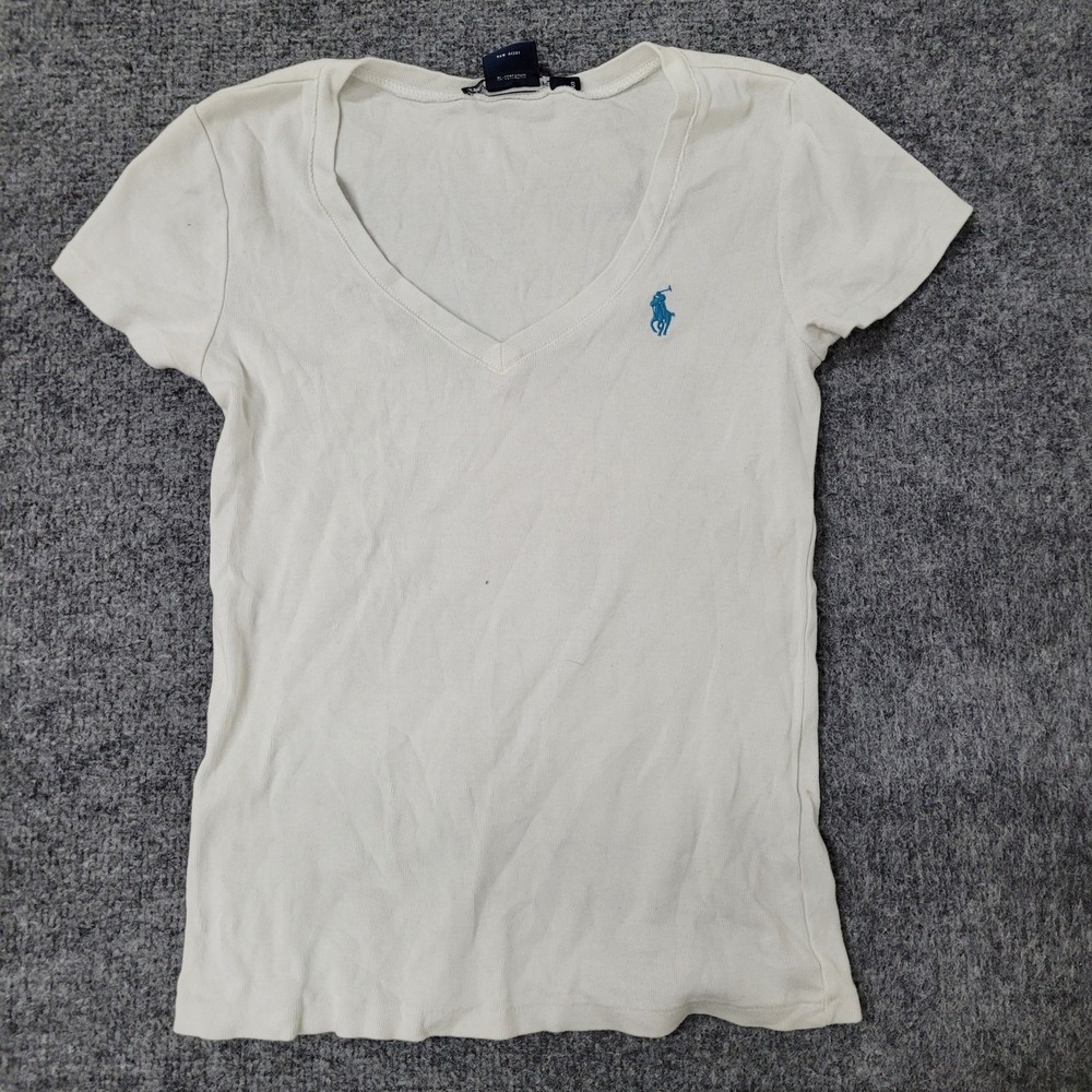 Polo Ralph Lauren Shirt Womens Size S White Cotton V-Neck Short Sleeve Slim Fit